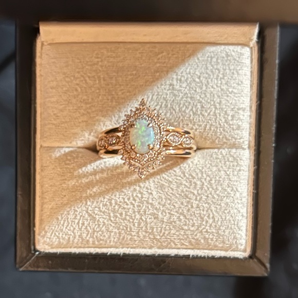 Elegant Opal and Diamond Ring in Rose Gold 3 piece bridal set